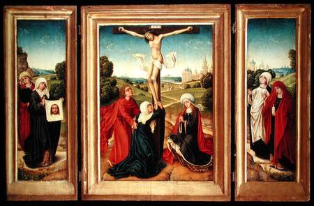 Triptych with the central panel depicting the Crucifixion with the Virgin, St. John, and Mary Magdal van Master of the Legend of St. Catherine