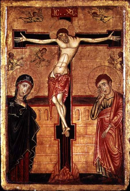 Christ on the Cross, with the Virgin Mary, St. John the Evangelist and Five Angels van Master of the Magdalene Altarpiece