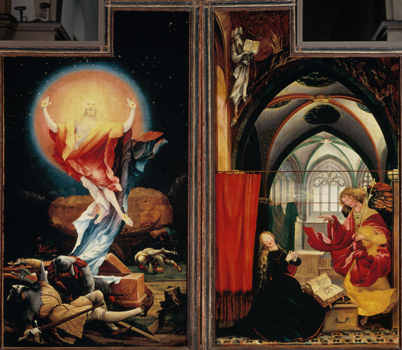 Isenheimer Altar Zweite Schauseite, rechte und linke Tafel: Auferstehung Christi, Verkündigung Maria van Mathias (Mathis Gothart) Grünewald