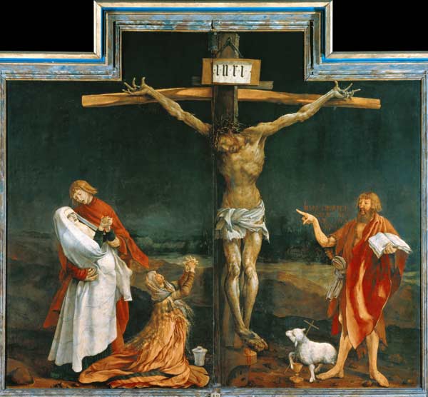 Isenheimer Altar Mitteltafel des geschlossenen Retabel: Kreuzigung Christi van Mathias (Mathis Gothart) Grünewald