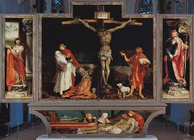 Isenheimer Altar Erste Schauseite, Totale: Die hll. Antonius und Sebastian, Kreuzigung Christi, Grab