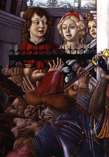 The Massacre of the Innocents, detail of two onlookers observing the carnage from the palace van Matteo  di Giovanni di Bartolo