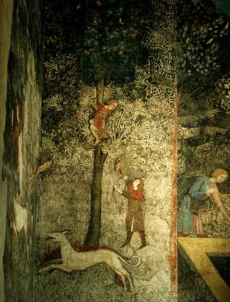 Hunting dogs and men climbing a tree detail of the decorative scheme from La Chambre du Cerf ( 1347 van Matteo Giovanetti