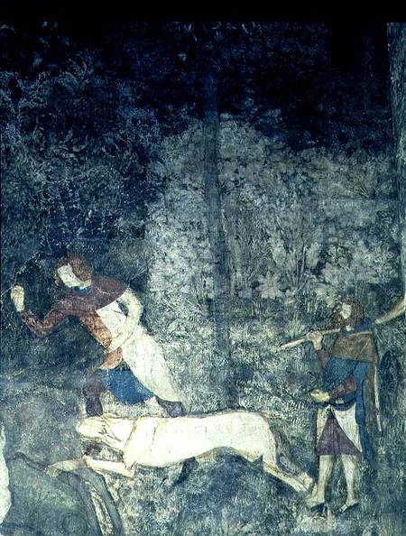 Men hunting with dogs detail of decorative scheme from La Chambre du Cerf ( 1347 van Matteo Giovanetti