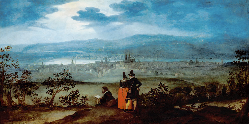 Blick von Bruderholz auf die Stadt Basel van Matthäus Merian de oude