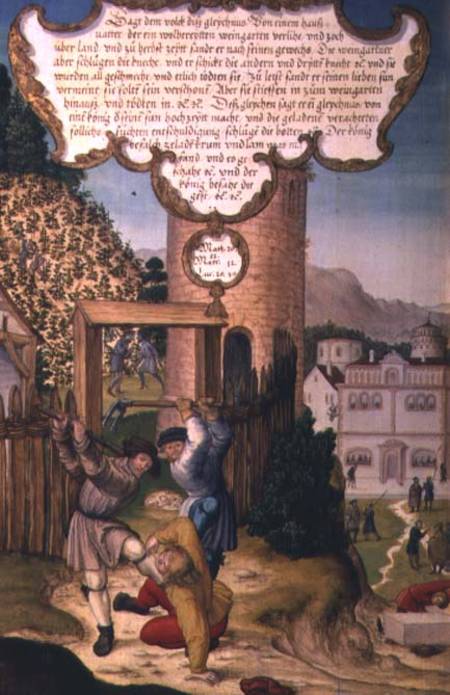 The vinedressers killing the heir of the vineyard owner, illustrating Christ's teaching 'The stone t van Matthias Gerung or Gerou