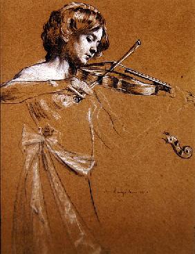 Young Girl Playing a Violin with Bared Breasts