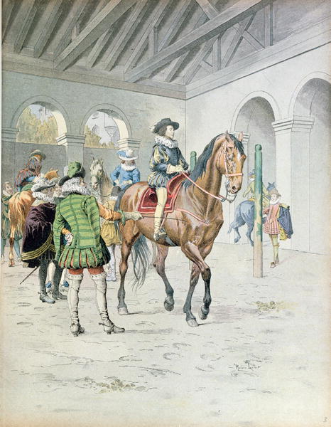 Armand-Jean du Plessis, Cardinal Richelieu (1585-1642) learning to ride a horse, illustration from a van Maurice Leloir