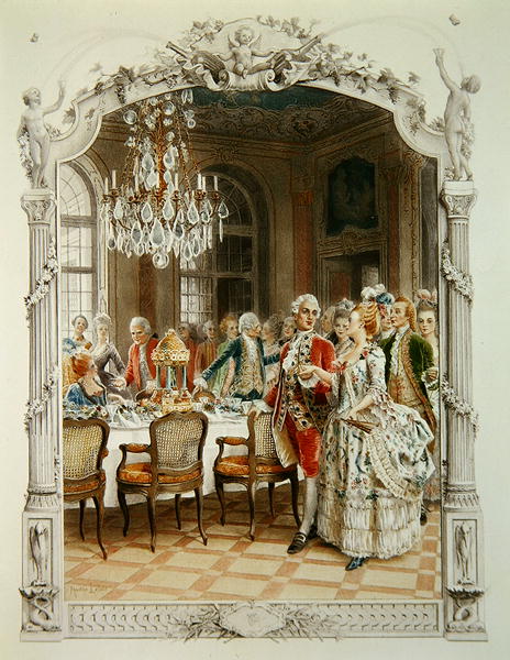 Elegant meal during the Eighteenth century, illustration from ''Une femme de qualite au siecle passe van Maurice Leloir
