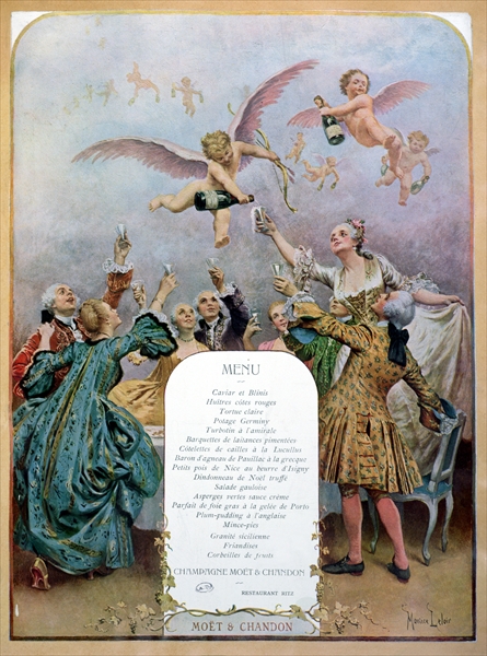 Ritz Restaurant menu, depicting a group of elegant 18th century men and women drinking champagne ser van Maurice Leloir