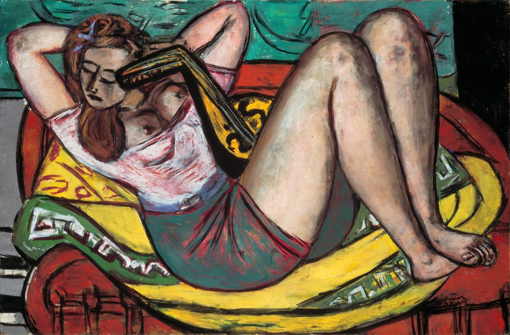 Woman with mandolin in yellow and red. 1950 van Max  Beckmann