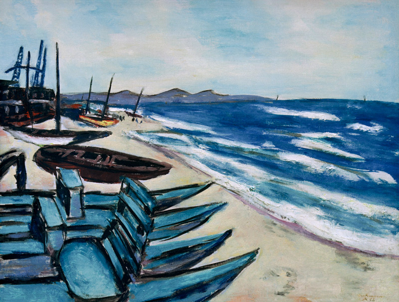 "Strand mit Booten an der Riviera" van Max  Beckmann