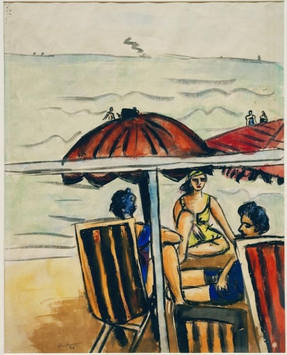 Strandszene mit Sonnenschirmen van Max  Beckmann