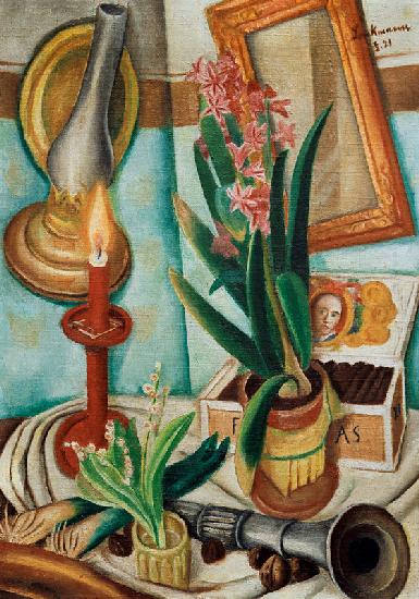Still life with burning candle