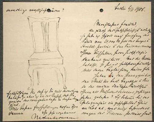 Artist's notes and sketch of a chair (ink on paper) van Max Liebermann