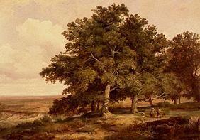 Eichenbaumgruppe mit Bauern vor einer weiten Landschaft.