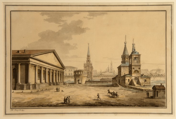 View of Manege, Kutafya Tower and Church of Saint Nicholas in Moscow van Maxim Nikiforowitsch Worobjew