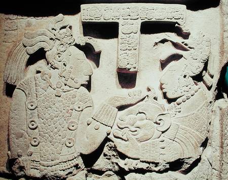 Stela depicting a woman presenting a jaguar mask to a priest, from Yaxchilan van Mayan