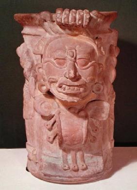 Cylindrical vase with the head of a sun god, Classic Period