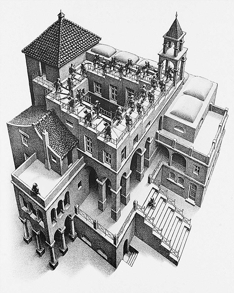 Klimmen en dalen- - (ESE-23) - M.c. Escher Als reproductie kunstdruk of als  handgeschilderd olieverfschilderij