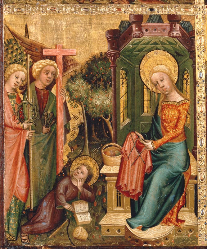 Buxtehuder Marienaltar Besuch der Engel bei Maria, die den Rock Christi strickt van Meister Bertram