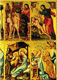 Altar von St. Petri Hamburg (Grabower Altar), Erschaffung d. Eva,Bum d. Erkenntnis,Verkündigung,Gebu van Meister Bertram