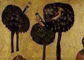 Detail aus der Tafel Christus am Ölberg: Ölbäume und Vögel