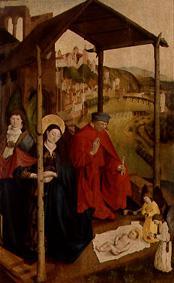 Maria und Joseph in Verehrung vor dem Jesuskind. van Meister der Landsberger Geburt Christi