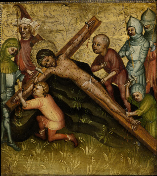 Christ Being Nailed to the Cross van Meister der Passionstäfelchen
