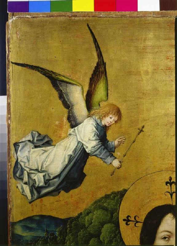 Segnender Engel Detail aus der Tafel Auferstehung Christi. van Meister des Hausbuches