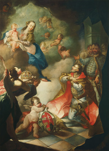 Der hl. Stephan bietet seine Krone der hl. Jungfrau an van Meister (unbekanner ungarischer)