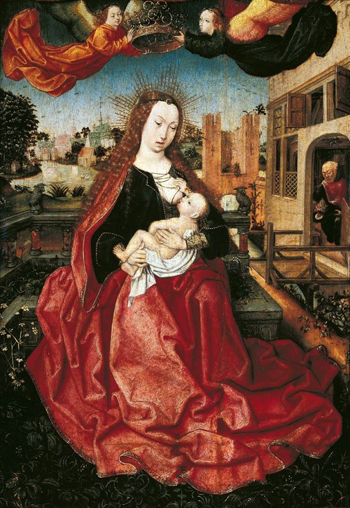 Madonna and Child crowned by two angels van Meister von Frankfurt