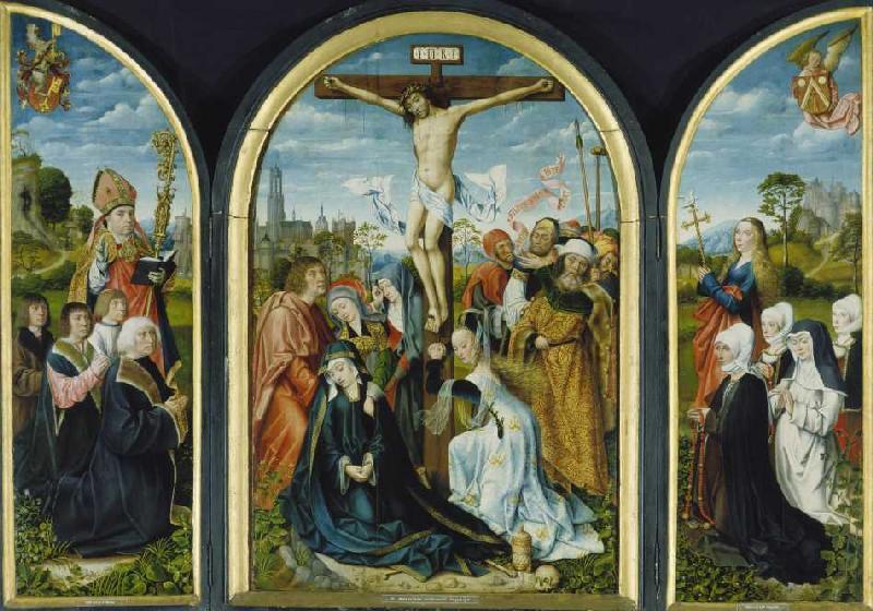 Triptychon aus einer Frankfurter Kirche: Kreuzigung (Mitte) und Stifter van Meister von Frankfurt