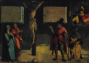 Kreuzigung Christi, mit Johannes und Maria, sowie einem Stifter van Meister von Messkirch