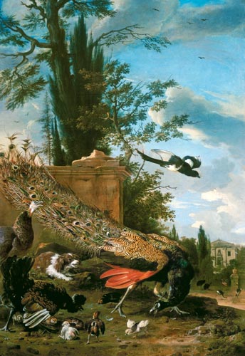 A Peacock and a Spaniel in the Garden of a Villa van Melchior de Hondecoeter