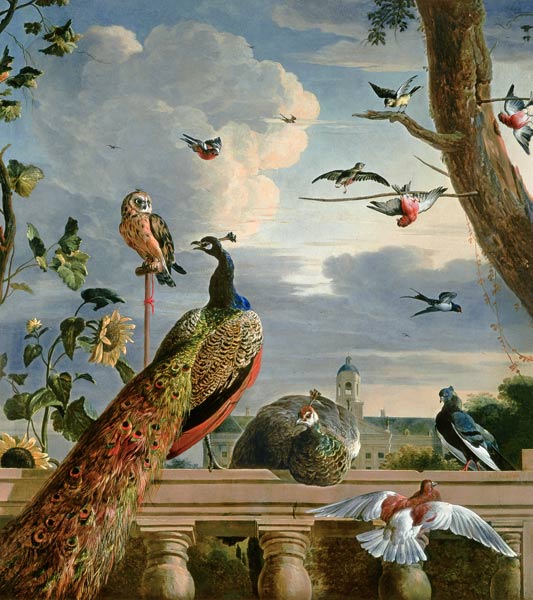 Paleis van Amsterdam met exotische vogels  van Melchior de Hondecoeter