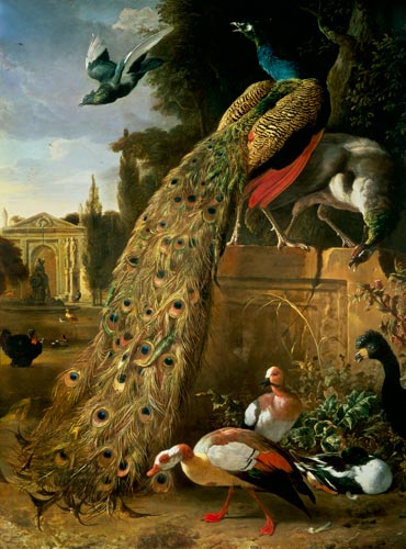 Peacock and a Peahen on a Plinth, with Ducks and Other Birds in a Park van Melchior de Hondecoeter