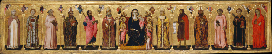 Madonna and Child Enthroned with Angels,Twelve Saints, Prophets,  and the Donor van Meo da Siena