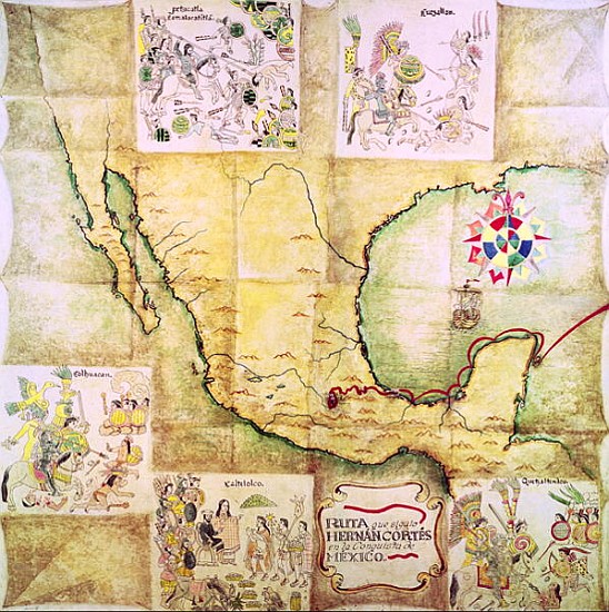 Map of the route followed Hernando Cortes (1485-1547) during the conquest of Mexico van Mexican School