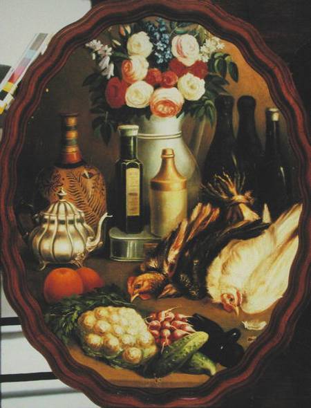Oval Still Life with Hen, Vegetables and Vase van Mexican School