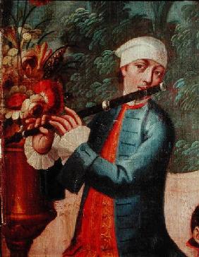 A Flautist, detail from a screen