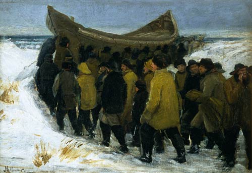 Dänische Fischer bringen ihr Boot im Winter zu Wasser van Michael Peter Ancher