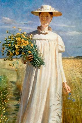 Anna Ancher komt terug van Bloemen plukken 