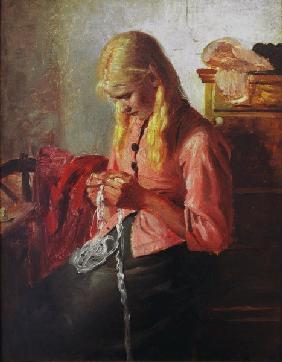 Young girl crocheting
