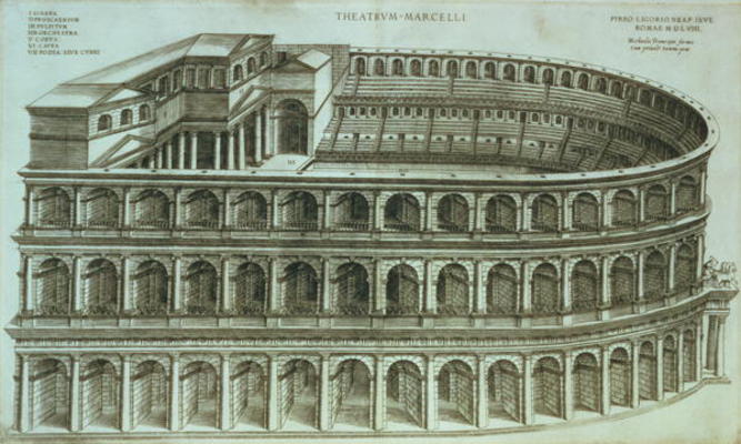 Plan of the Theatre of Marcellus, Rome, 1558 (engraving) van Michael Tramezini