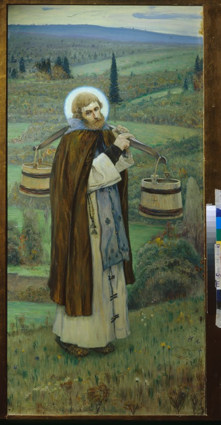Saint Sergius' labours (Triptych, Left part) van Michail Wassiljew. Nesterow