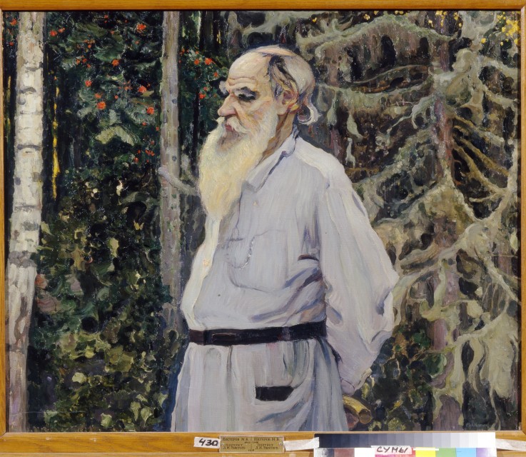Portrait of the author Leo N. Tolstoy (1828-1910) van Michail Wassiljew. Nesterow