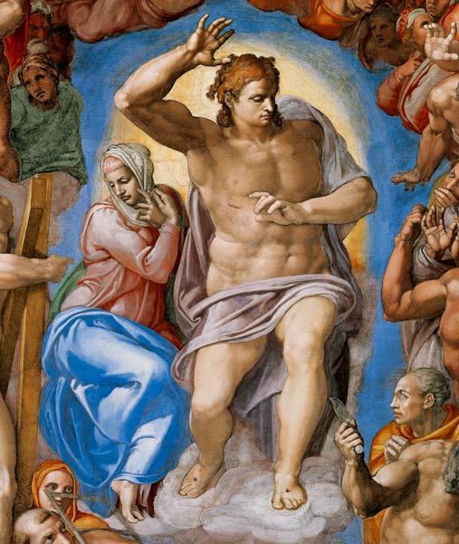Das Jüngste Gericht - Christus und Maria (Ausschnitt Sixtinische Kapelle) van Michelangelo (Buonarroti)