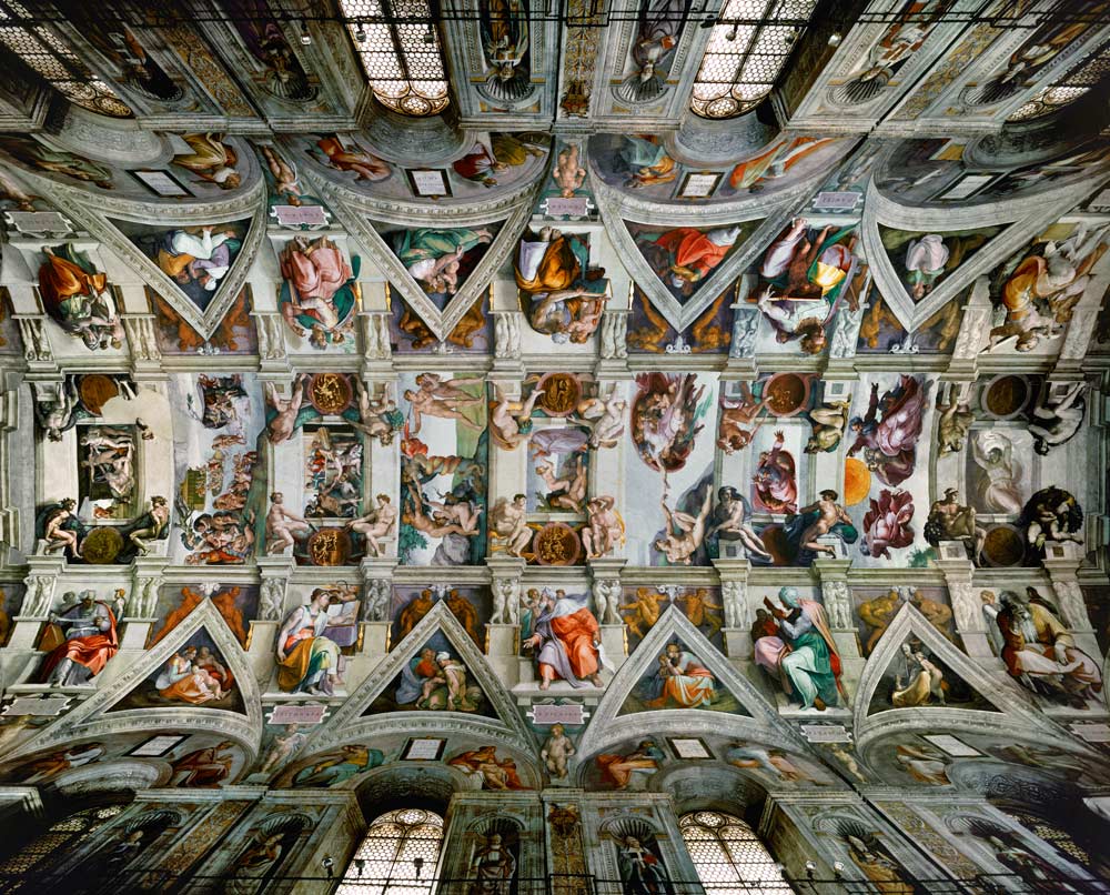 Decke der Sixtinischen Kapelle, Gesamtansicht. 1508-1512. Zustand nach der Restaurierung. van Michelangelo (Buonarroti)