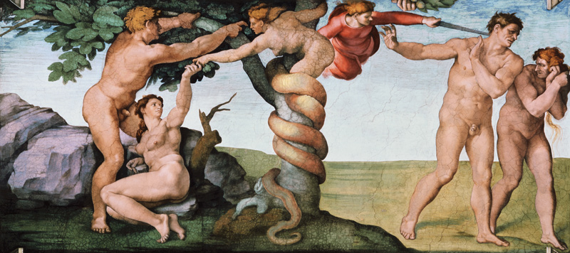 Die Versuchung durch die Schlange und die Vertreibung aus dem Paradies (Ausschnitt Sixtinische Kapel van Michelangelo (Buonarroti)